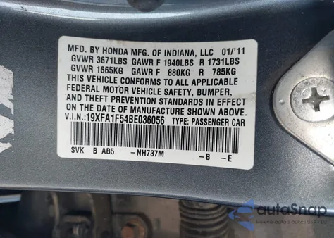 2011 Honda Civic Lx from USA, damaged, VIN 19XFA1F54BE036056